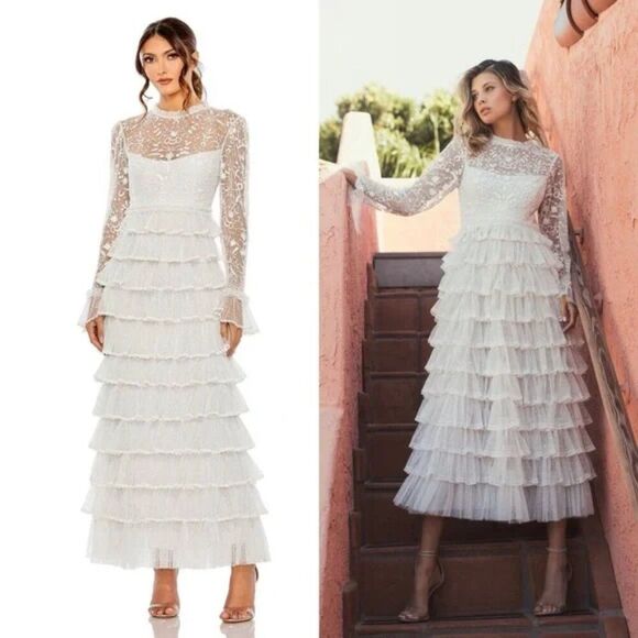 Mac Duggal 8003 Size 8 Embroidered Long Sleeve Ruffled Tiered Pearl White Dress - Picture 2 of 11